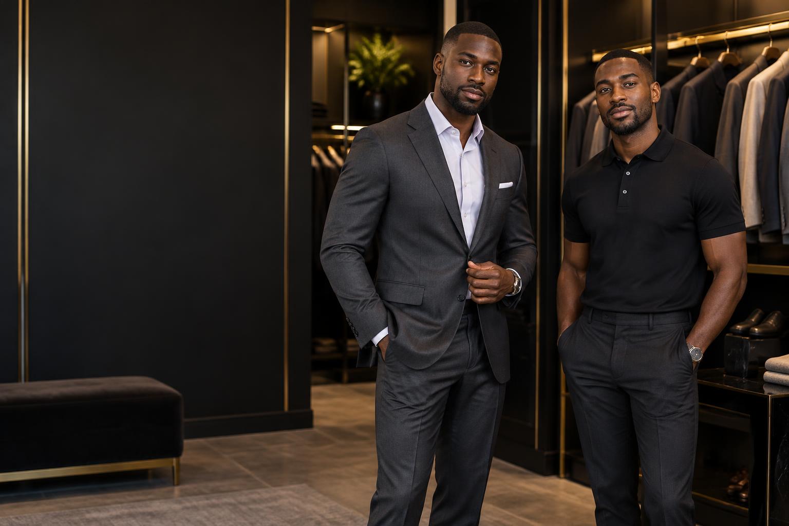 Men wearing a tailored charcoal suit and a black polo shirt in a boutique